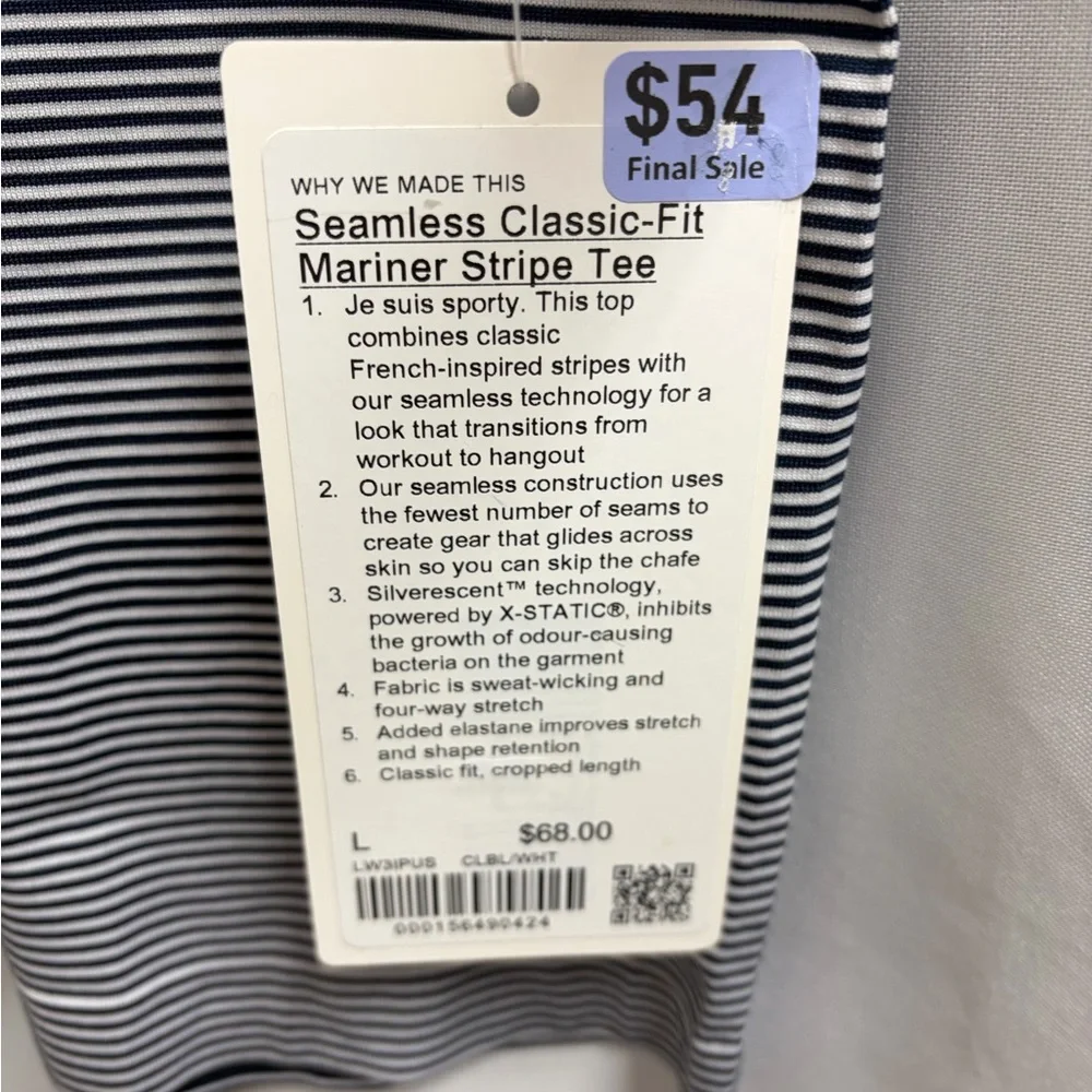 Lululemon Seamless Classic-Fit Mariner Navy and White Striped Tee. Size L - Picture 4 of 7
